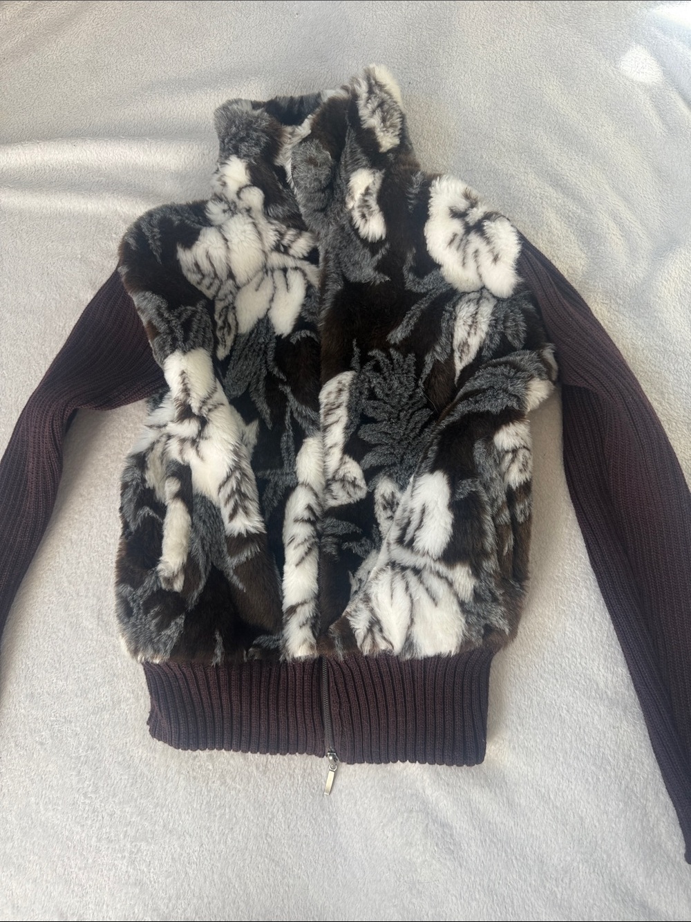 Faux Fur Floral Panel Zip Jacket in Brown & White